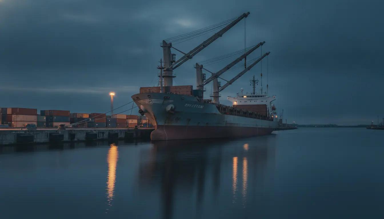 Statek handlowy przy nabrzeżu bałtyckiego portu o zmierzchu